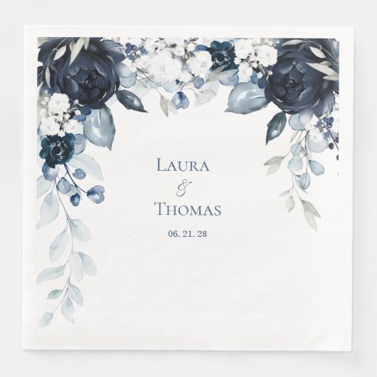 Serviette En Papier Marine Dusty Bleu & Blanc Jardin Élégant Mariage (Devant)
