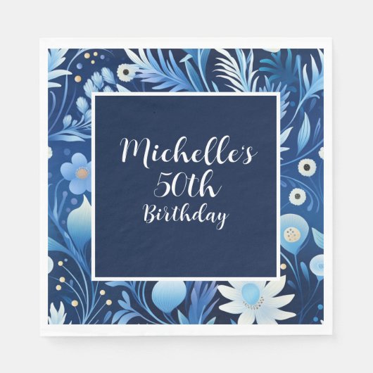 Serviette En Papier Marine Dusty Blue Floral 50e anniversaire (Devant)
