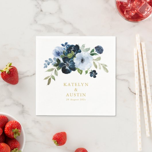 Serviette En Papier marine florale et mariage or (En situation)