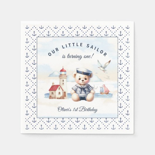 Serviette En Papier Marine Nautique Cute Bear 1er Anniversaire Napkins (Devant)