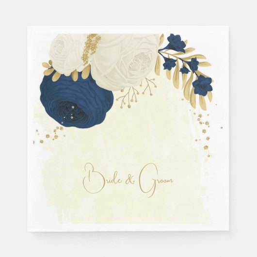 Serviette En Papier Marine romantique & fleurs blanches or mariage (Devant)