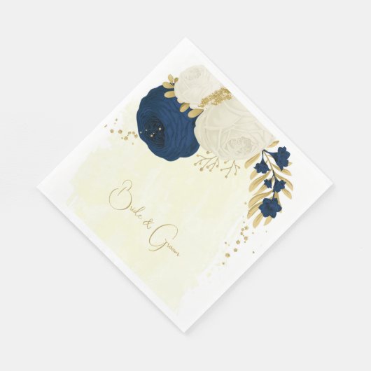Serviette En Papier Marine romantique & fleurs blanches or mariage (Coin)