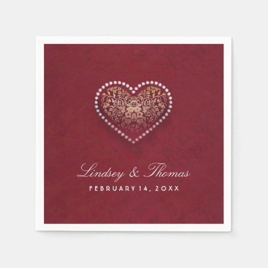 Serviette En Papier Maroon Rouge Or & Blanc Floral Mariage Coeur (Devant)