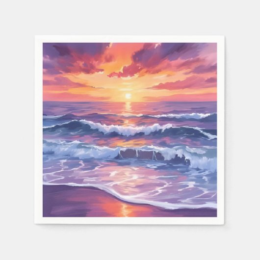 Serviette En Papier Marque violette | Violet Sunset Ocean Waves Peint (Devant)