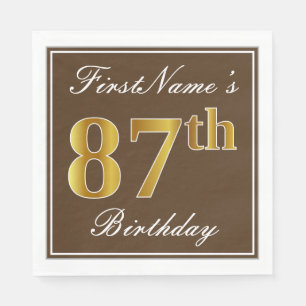 Serviette En Papier Marron Élégant, Or Faux 87e Anniversaire + Nom