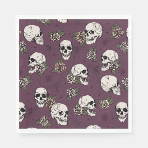 Serviette En Papier Marron Vert Gothique Crânes et Roses Halloween