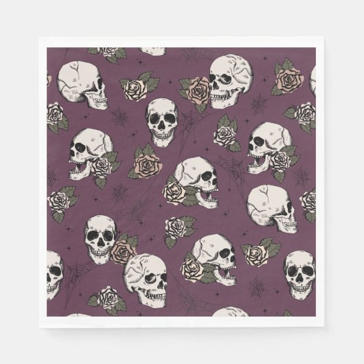 Serviette En Papier Marron Vert Gothique Crânes et Roses Halloween (Devant)