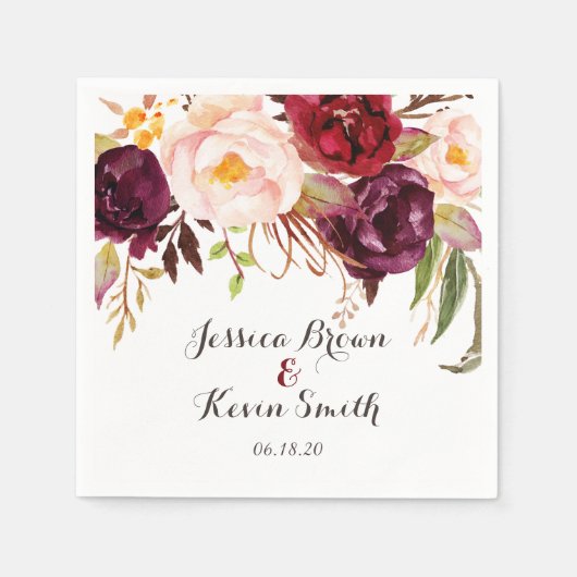 Serviette En Papier Marsala Bourgogne Floral Mariage personnalisé-2 (Devant)