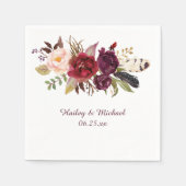 Serviette En Papier Marsala Bourgogne Roses Blanches Plumes Boho (Devant)