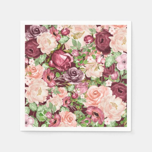 Serviette En Papier Marsala Maroon Bourgogne Fleurs Florales Rustiques (Devant)