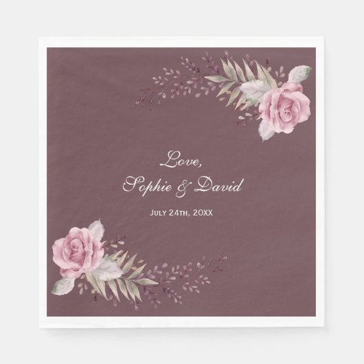 Serviette En Papier Marsala Maroon Floral Aquarelle Mariage (Devant)