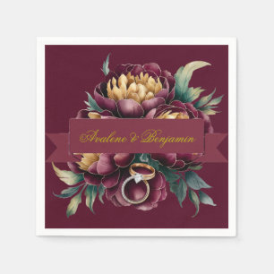Serviette En Papier Marsala Peony rouge et or avec anneaux Mariages