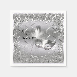 Serviette En Papier Mascarade d'argent Mascarade Masque élégant bal fê