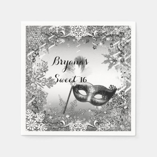 Serviette En Papier Mascarade noire blanche en argent et flocons de ne (Devant)