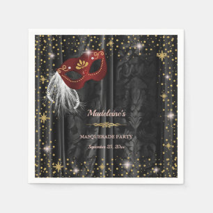 Serviette En Papier Mascarade Rouge Rubis Étoiles Noires Damassées Or