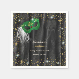 Serviette En Papier Mascarade vert émeraude en damas noir et étoiles d