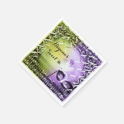 Serviette En Papier Mascarade verte et violette Masquerade Mardi Gras  (Coin)