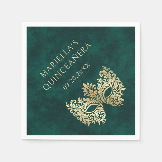 Serviette En Papier Mascarade verte Masque élégant Quinceanera (Devant)