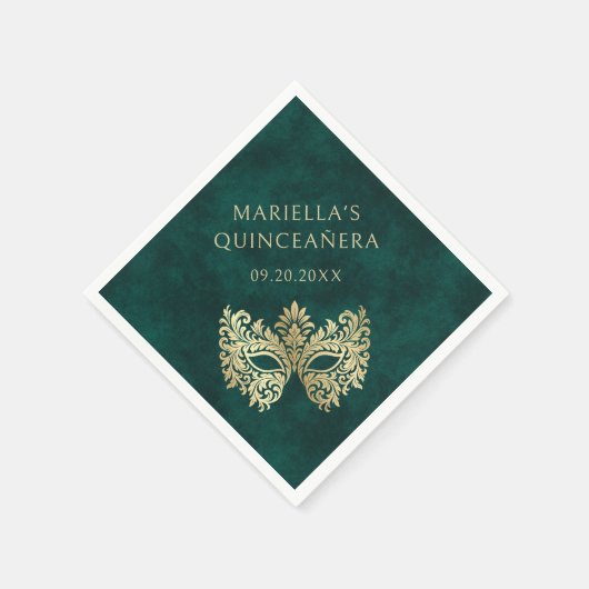 Serviette En Papier Mascarade verte Masque élégant Quinceanera (Coin)