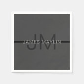 Serviette En Papier Masculine élégant gris foncé Nom et monogramme (Devant)