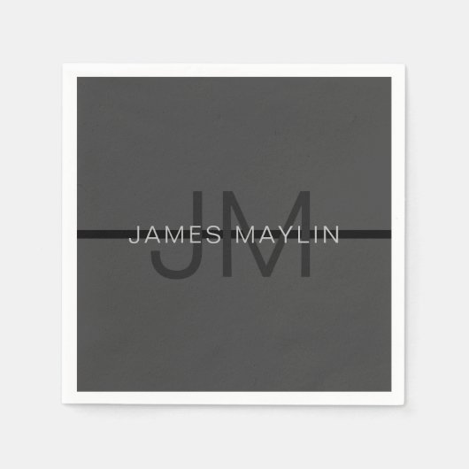 Serviette En Papier Masculine élégant gris foncé Nom et monogramme (Devant)