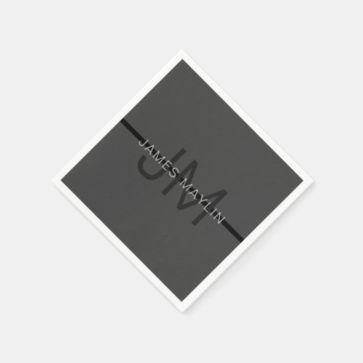 Serviette En Papier Masculine élégant gris foncé Nom et monogramme (Coin)