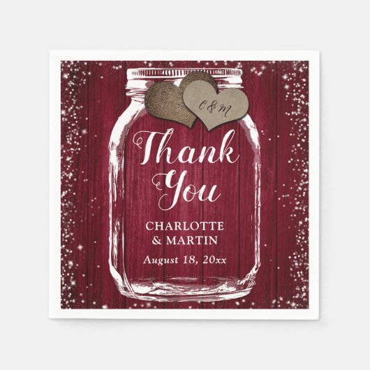 Serviette En Papier Mason Jar Deux Coeurs Bourgogne Merci Mariage (Devant)