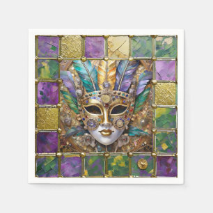Serviette En Papier Masque à plumes coloré en céramique et or Mardi Gr