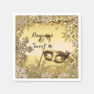 Serviette En Papier Masque de Bal Masqué Doré & Flocons de Neige Éléga