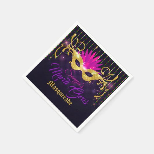 Serviette En Papier Masque Gras Mardi Noir|Or et Rose avec perles (Coin)