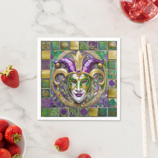 Serviette En Papier Masque Mardi Gras Jester Vert Or (En situation)