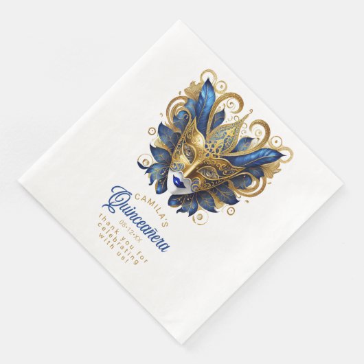 Serviette En Papier Masquerade Masque Masque Motif Bleu Or Blanc ID103 (Coin)