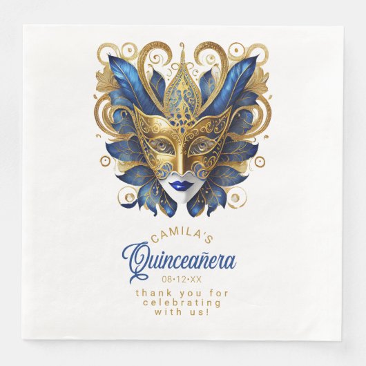 Serviette En Papier Masquerade Masque Masque Motif Bleu Or Blanc ID103 (Devant)