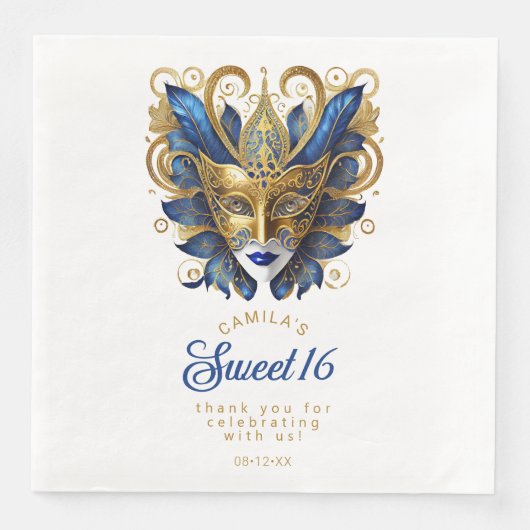 Serviette En Papier Masquerade Masque Masque Motif Blue Or Blanc ID103 (Devant)