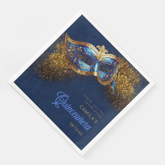 Serviette En Papier Masquerade Masque Quinceanera Blue Gold ID1031 (Coin)