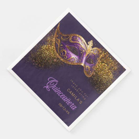 Serviette En Papier Masquerade Masque Quinceanera Purple Gold ID1031 (Coin)