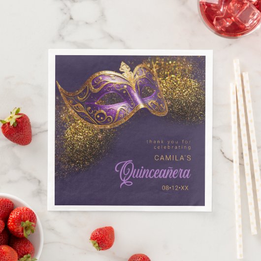 Serviette En Papier Masquerade Masque Quinceanera Purple Gold ID1031 (En situation)