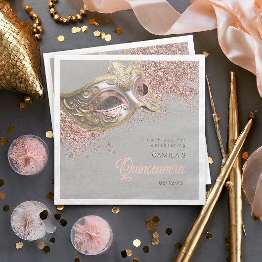 Serviette En Papier Masquerade Masque Quinceanera Rose Gold ID1031