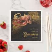 Serviette En Papier Masquerade Masque Quinceanera Rouge Or ID1031 (En situation)