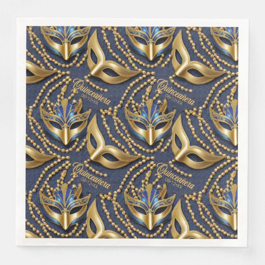 Serviette En Papier Masquerade perles Quinceanera Masques bleu ID1031 (Devant)