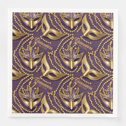 Serviette En Papier Masquerade perles Quinceanera Masques Purple ID103 (Devant)