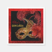 Serviette En Papier Masquerade Quinceañera or du parti, feuille rouge (Devant)