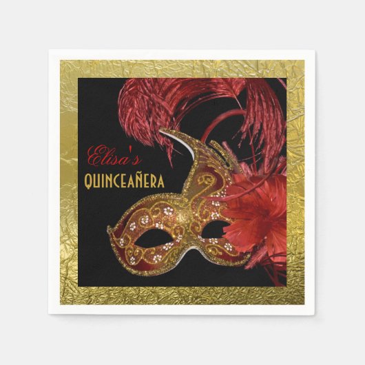 Serviette En Papier Masquerade Quinceañera parti rouge, fausse feuille (Devant)