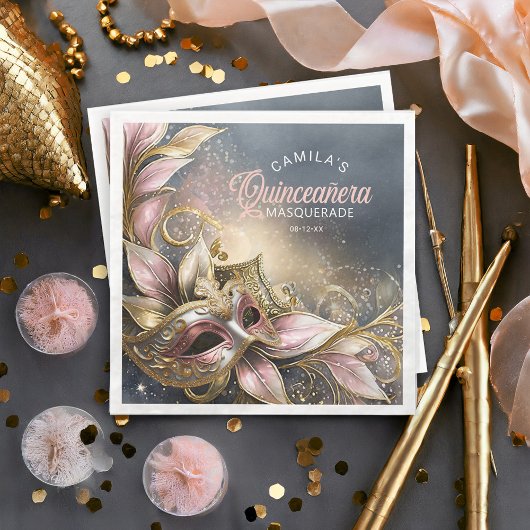 Serviette En Papier Masquerade Quinceanera Rose Gold ID1031