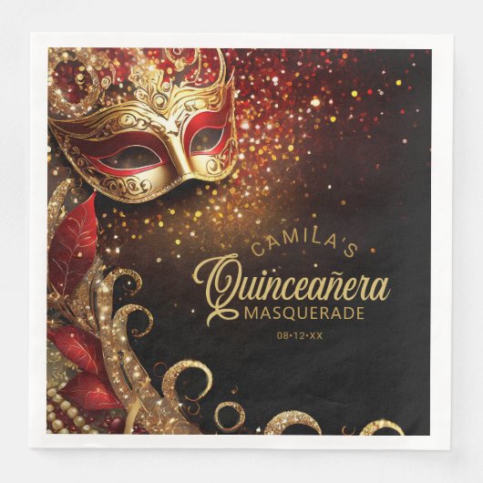 Serviette En Papier Masquerade Quinceanera Rouge Or ID1031 (Devant)
