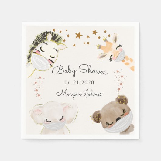Serviette En Papier masques de visage animal baby shower monogramme (Devant)