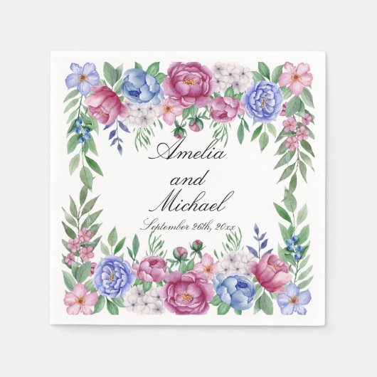 Serviette En Papier Mauve Blue Peonies Floral Mariage (Devant)