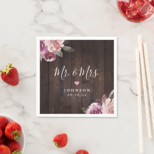 Serviette En Papier Mauve violet bois rustique fleuri M & Mme mariage