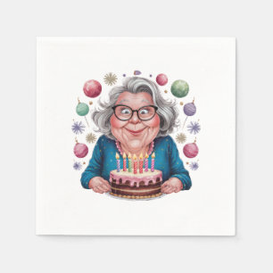 Serviette En Papier Mémé drôle qui regarde le gâteau d'anniversaire Ar