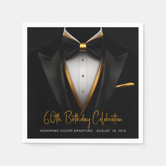 Serviette En Papier Mens Classy Black Gold Tuxedo Anniversaire (Devant)
